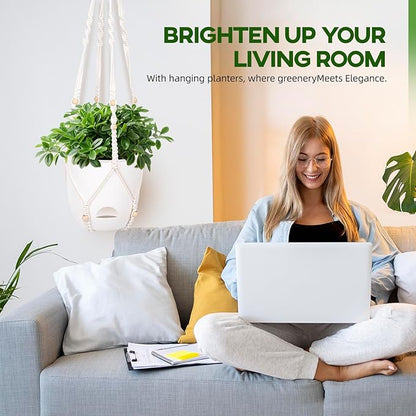 2-Pack 5.7-Inch Self-Watering Hanging Planters for Indoor & Outdoor Plants,34Inch Macrame Hanger Plant Pots Indoor with Drainage,Small Hanging Planters & Baskets,With Two Sets of Hooks（Pure white）