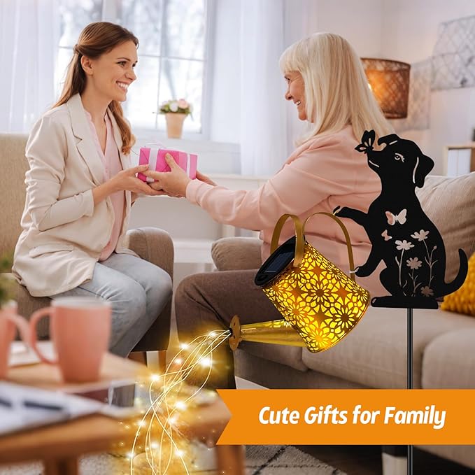 Solar Lights Outdoor, Dog Solar Watering Can Lights, Birthday Gifts for Women Mom Mother's Day Christmas, Waterproof Metal Hanging Lantern Garden Decor Outside Patio Yard Pathway Backyard, 2 Pack