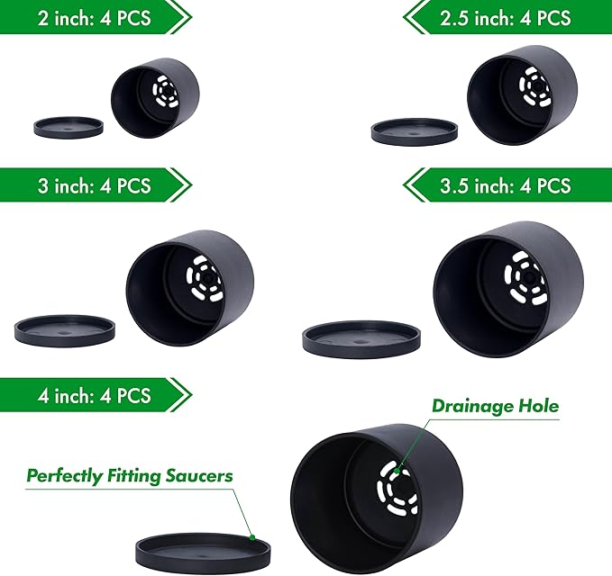 D'vine Dev Pack of 20 Plastic Plant Pots (4 Set of 2 Inch, 2.5 Inch, 3 Inch, 3.5 Inch, 4 Inch) Small Garden Planter Pots for Plant with Drainage Holes and Saucers, Black, 74-U-B