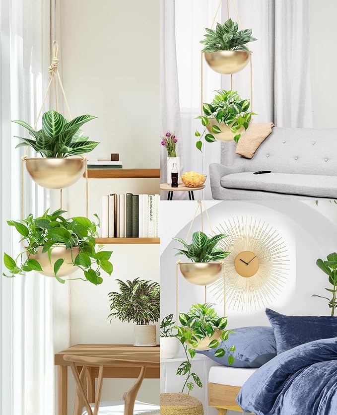 AceList 2 Pack Gold Hanging Planter for Indoor Plants - 9.8 Inch Boho Metal Plant Hanger Indoor with Hooks, Window Hanging Planters for Balcony and Ceiling
