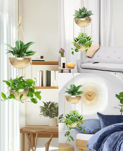 AceList 2 Pack Gold Hanging Planter for Indoor Plants - 9.8 Inch Boho Metal Plant Hanger Indoor with Hooks, Window Hanging Planters for Balcony and Ceiling