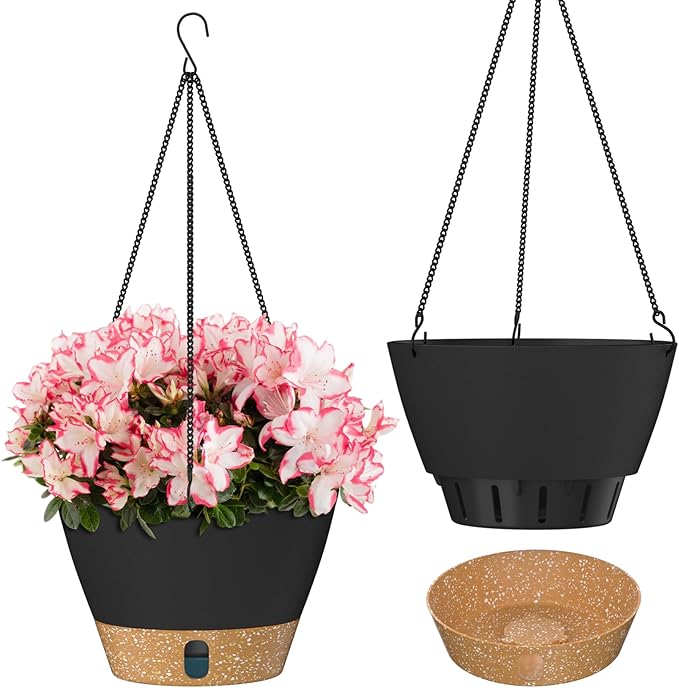 ZMTECH 10 Inch Hanging Planters for Outdoor Plants, Hanging Pots for Plants Indoor with Visible Water Level, Hanging Flower Basket with Drainage Holes & Removable Tray(2 Pack, Gray)