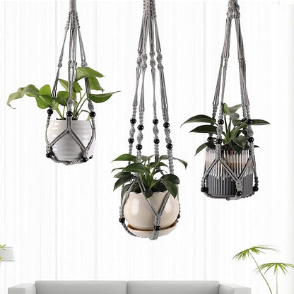 3-Pack Macrame Plant Hanger Indoor - Hanging Planter Basket for Indoor Outdoor - Decorative Boho Plant Holders Set with Beads - Ceiling Flower Pot Holder with 6 Hooks - 35"/30"/24" Gray