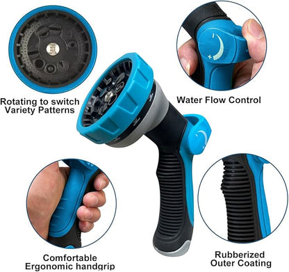 100Ft Non-Expandable Garden Hose, Flexible Water Hose with 10-Pattern Spray Nozzle, Lightweight Hose Pipe, Kink-Free, Leak-Proof, 3/4" Solid Metal Fittings (Blue)