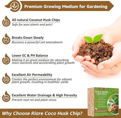 Riare 10LBS Coco Chips Substrate for Plants- 100% Organic Coconut Husk Chips with Low EC and pH Balanced, High Expansion Coconut Substrate Coco Husk Mulch for Garden Flowers, Herbs, Planting