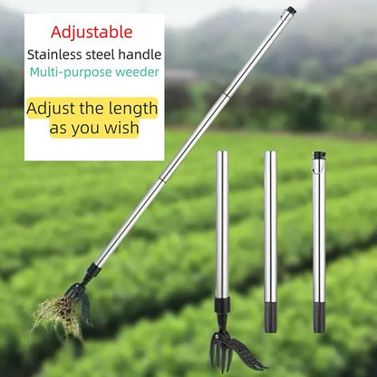 Standing Grass Puller ，Stand Up Weed Puller Tool with Stainless Steel Stick- 4 Claw Steel Head - Sectional Pole Design - 100% Metal - Easily Remove Weeds Without Bending or Kneeling