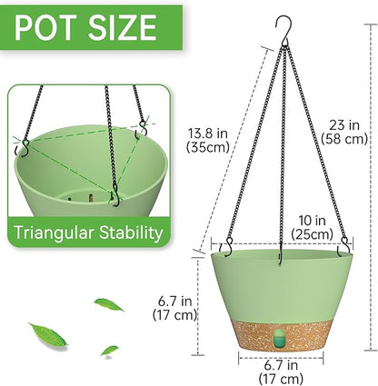 ZMTECH 2 Pack 10 Inch Hanging Planters for Outdoor Plants, Hanging Pots for Plants Indoor with Visible Water Level, Hanging Flower Basket with Drainage Holes & Removable Tray(Green)