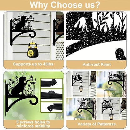 Peacoblue Iron Plant Hanger Hook for Outdoor Indoor Hanging Plant Flower Fern Pots Lantern Bird Feeder Wind Chime,12"x15.7" Weather Resistant Metal Wall Holder for Porch Garden Farmhouse(Dog with Cat)