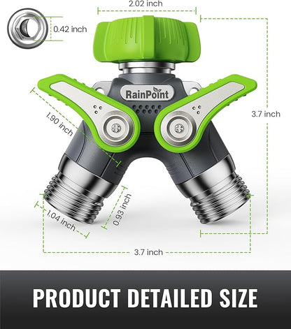 RAINPOINT Garden Hose Splitter, 2 Way Heavy Duty Water Hose Y Spigot Splitter with Shutoff Valves, 100% Metal Body Outdoor Faucet Splitter, 1.9" Extra Long Metal Handle, 3/4" GHT Thread (2, Green)