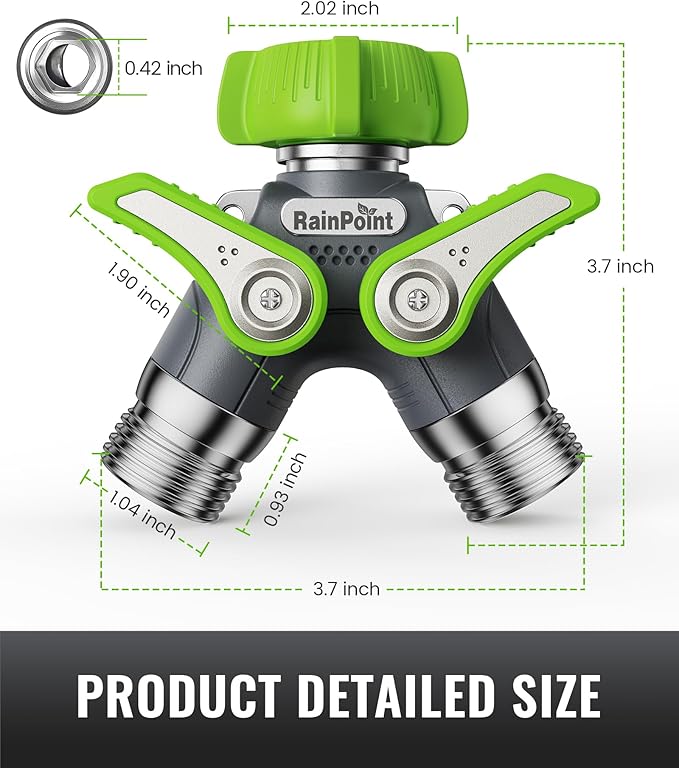 RAINPOINT Garden Hose Splitter, 2 Way Heavy Duty Water Hose Y Spigot Splitter with Shutoff Valves, 100% Metal Body Outdoor Faucet Splitter, 1.9" Extra Long Metal Handle, 3/4" GHT Thread (1, Green)