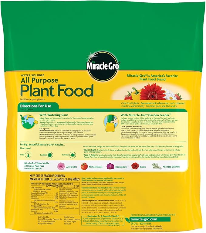 Miracle-Gro Water Soluble All Purpose Plant Food, 24-8-16, Instantly Fertilizes Plants, Waterproof Bag - 5 lb.
