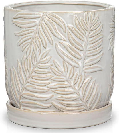 5.5 Inch Ceramic Planter Pots with Drainage Holes, Saucers for Indoor-Outdoor Plants, Succulent Orchid Flower Large Round Plant Pot Lvory White