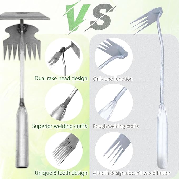 Dual-Head Weed Puller Tool, 2 Pack Heavy Duty Weeder Tool & Weed Remover, Garden Uprooting Tool with Hoe and Rake for Easy Weed Removal