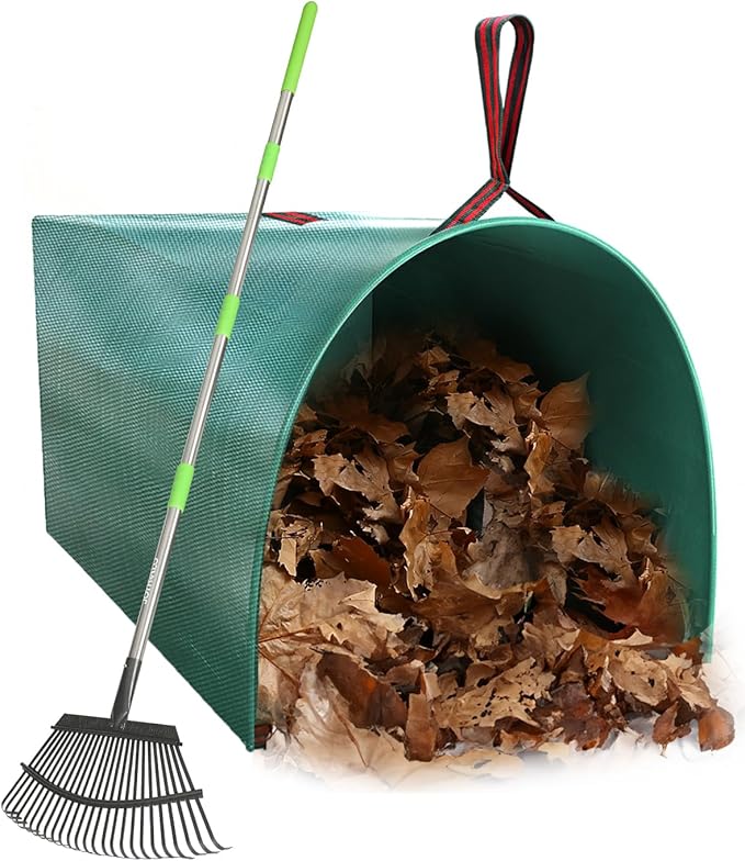 Joyhalo 65 Inch Rake for Leaves with 40 Gallon Dustpan-Typ Leaf Bags, 25 Tines Metal Leaf Rake Set for Gardening Lawns Yard Outdoor Camping Shrub Grass Bush Grass Clippings