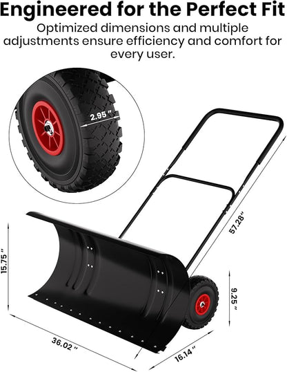 36” Snow Shovel for Driveway,Heavy Duty Wheeled Rolling Shovels 5 Position Angled Blade, Ergonomic Handle & Rubber Wheels for Efficient Snow Removal, Snow Plow for Doorway,Driveway and Sidewalks