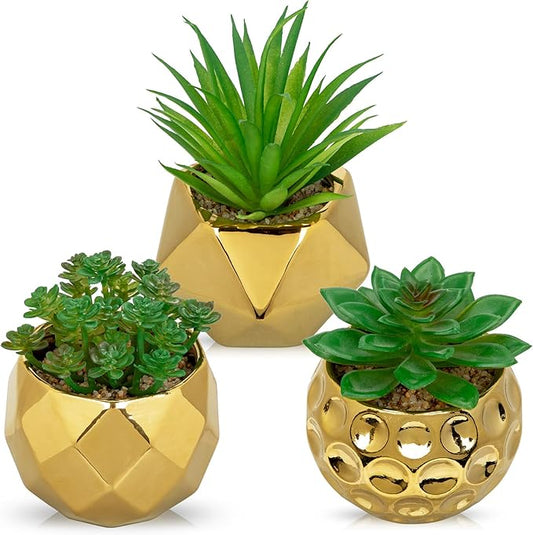 Briful Artificial Succulents Plants in Ceramic Pots, 3 Pack Faux Succulent Set with Gold Geometric Planters – Modern Desk Decor for Home Office Shelf Bathroom, Small Fake Plants Potted