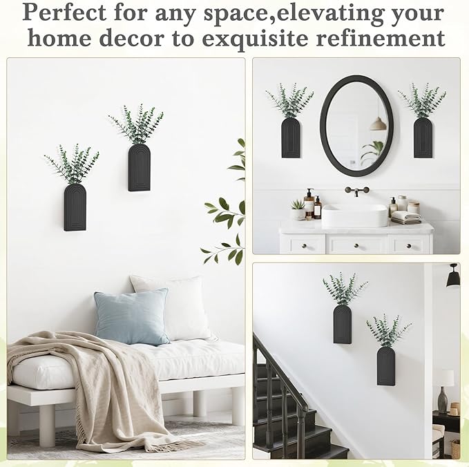 Dahey Wood Wall Planter Vase with Artificial Eucalyptus, 2 Pack Hanging Planter for Indoor Fake Plants Modern Boho Farmhouse Wall Art Decor for Bathroom Bedroom Kitchen Office Home Decoration, Black