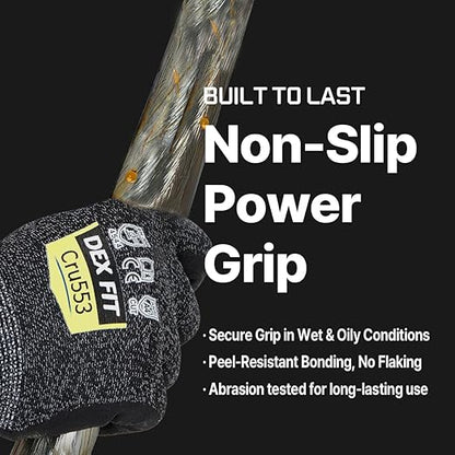DEX FIT Level 5 Cut Resistant Gloves Cru553, 3D-Comfort Stretchy Fit, Power Grip, Professional Grade, Thin, Touch-Screen Compatible, Durable, Machine Washable; Black Gray XS 1 Pair