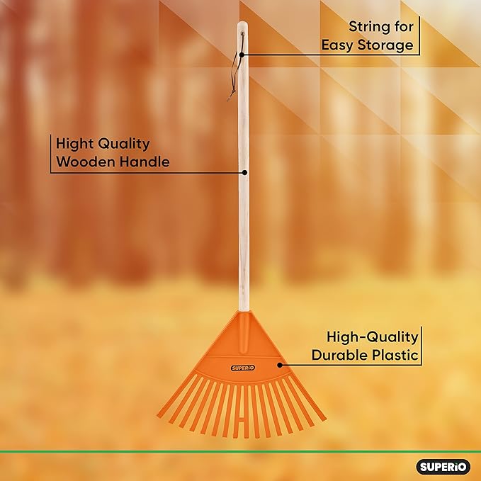 Kids Rake with Hardwood Handle, Durable Plastic Head to Sweep Leaves in Lawn and Tidying Up The Garden, 34" (Orange), 6 Pack