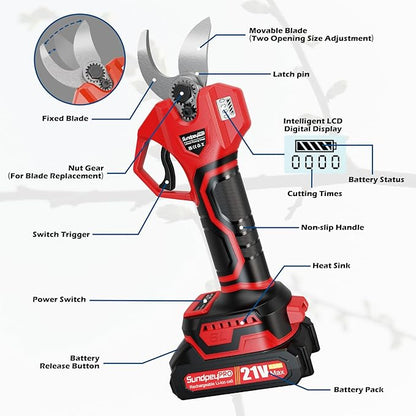 Electric Pruning Shears 21V - Max 1.77"(45mm) Cutting Diameter Cordless Pruning Shears Garden Tool with LCD Display & 2 x 2000mAh Battery & Brushless Motor For Orchard Tree Branch Trimming