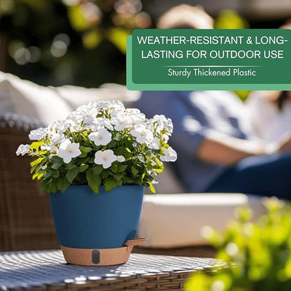 montresor 2-Pack of 8inch Self Watering Pots Blue Sturdy Plastic Flower Pot for Indoor Plants with Cotton Rope and Visual Water Storage Tray, Plastic Pots for Plants