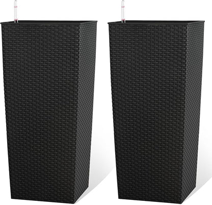 23in Tall Planter Set of 2, Large Self Watering Pots for Indoor/Outdoor Plants with Drain Holes, Water Level Monitor, Inner Bucket for Front Porch Patio, Black Rattan