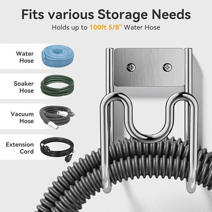 Garden Hose Holder Wall Mount - SS304 Stainless Steel Water Hose Hanger Heavy Duty Rack for Extension Cords Vacuum Hose Outside Silver (2 Pack)