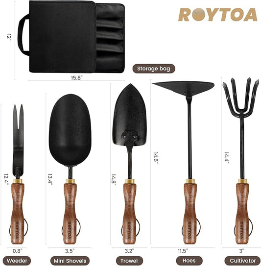 Garden Tool Set, 5PCS Gardening Tools, Stainless Steel Heavy Duty Hand Cultivator, Hoes, Shovel, Trowel and Weeder with Ergonomic Walnut Handle, Gardening Gifts for Women