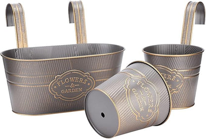 PerGar Vintage Metal Iron Wall Hanging Flower Pots, Rustic Planter Bucket Herb Flower Plant Holder with Detachable Hooks & Drainage Hole for Railing Fence Balcony Deck Garden Home Decoration, Set of 3
