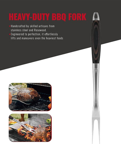 Stainless Steel BBQ Tool Set | Dark-Dyed Wood Handles | Heavy Duty Grilling Accessories | 3-Piece Outdoor Barbecue Grill Utensil Set with Spatula, Fork, and Tongs - Ideal Gift for Men…