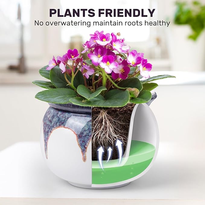 African Violet Pots, 6 Inch Self Watering Pots for Indoor Plants, Ceramic Modern Decor Pots Efficient Absorption Water Plant Pot - Gradient Red (No Plants)
