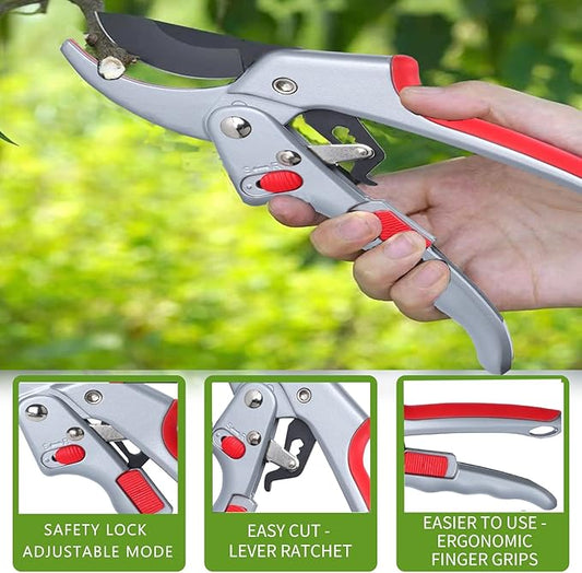 Garden clippers, premium Germany pruners, Work 3 times easier, professional ratchet pruning shears, cutting rose, flower, hedge, stem, tree, Sharp gardening scissors, Arthritis weak hand snips