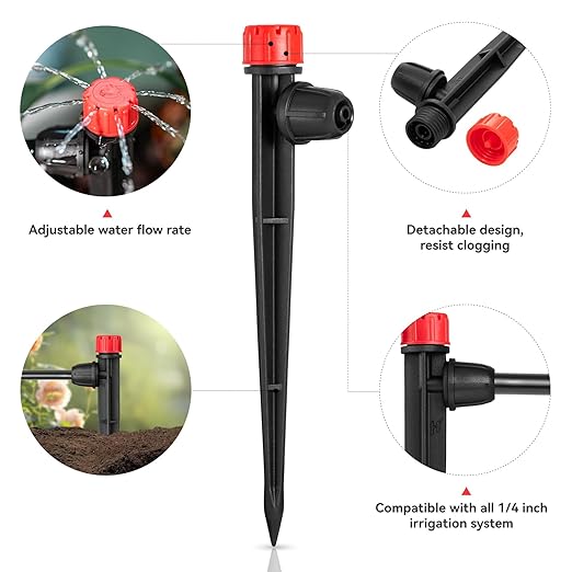 50pcs Drip Irrigation Emitters with Stake, Adjustable 360 Degree Water Flow Lock Barbed Dripper for 1/4" Drip Irrigation Tubing，Garden Irrigation Sprayer for (4-7mm) Watering System