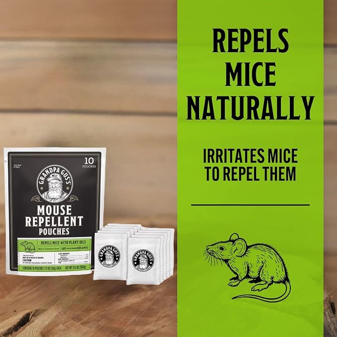 Grandpa Gus’s Extra-Strength Mouse Repellent Pouches, Peppermint & Cinnamon Oil, Natural Rodent Deterrent Control for Garage, RV, Car, Basement, Attic, Storage, 1.75 Oz (Pack of 10)