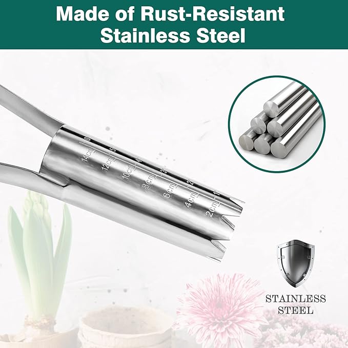 Berry&Bird Garden Bulb Planter with 6 inches Depth Mark, Garden Bulb Transplanter Tool with Wooden Handle, Stainless Steel Soil Release Tool for Transplanting Digging Planting Flowers