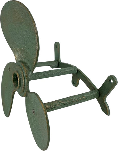 Nautical Boat Propeller Garden Hose Holder – Cast Iron with Verdigris and Bronze Finish, Wall-Mounted, 10.5" Diameter, 6" Depth, Holds 75 Feet of Hose, Decorative and Durable Outdoor Storage
