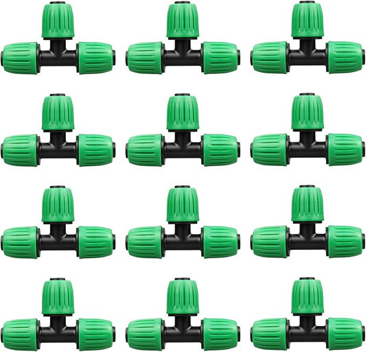 Drip Irrigation 1/2 Inch Tee Fittings, 12 Pieces 1/2" Drip Line Lock Barbed Tee Connectors, Anti-Drop Three Way Drip Irrigation Parts for 1/2 Inch Drip Irrigation Tubing (1/2" ID x 0.650" OD)
