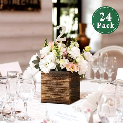 Dandat 24 Set Wood Cube Planter Box Square Wood Vase Rustic Cube Planter Box with Removable Plastic Liner Floral Foam Blocks for Centerpieces Home Wedding Garden Decor, Country Style (Brown)
