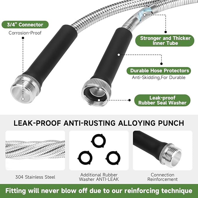 Heavy Duty Garden Hose 100 ft, 304 Stainless Steel Water Hose with 10 Functions Nozzle, 3/4" Swivel Connectors, Metal Garden Hoses-No Kinks, Lightweight, Flexible, Leak Proof, Suitable for Lawn Yard