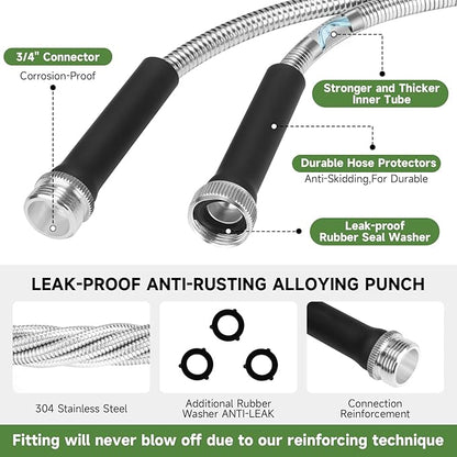 Heavy Duty Garden Hose 100 ft, 304 Stainless Steel Water Hose with 10 Functions Nozzle, 3/4" Swivel Connectors, Metal Garden Hoses-No Kinks, Lightweight, Flexible, Leak Proof, Suitable for Lawn Yard