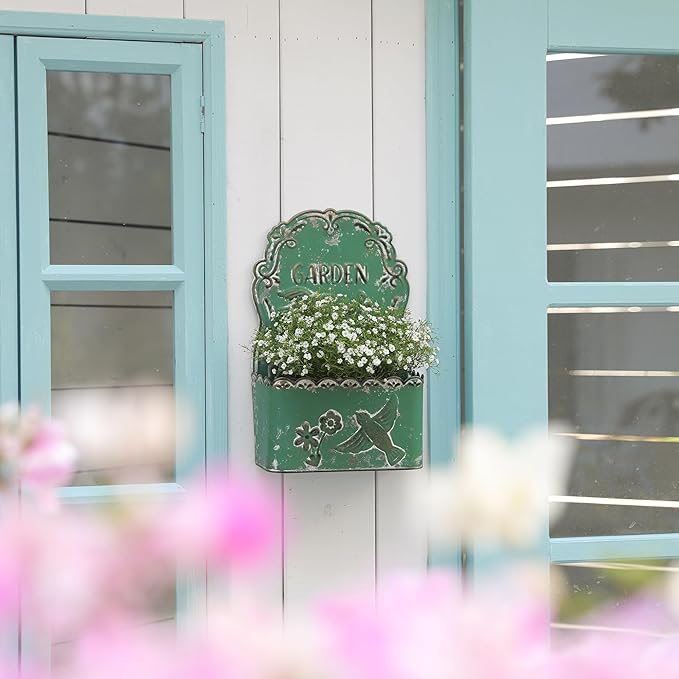 BIG FORTUNE Metal Wall Mount Planter Wall Vases for Flowers Shabby Chic Decor for Rustic Farmhouse Outdoor Decor (DarkGreen)