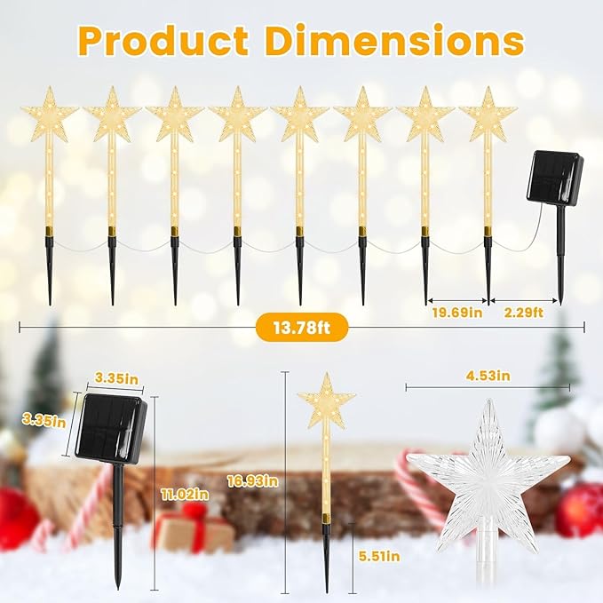 13.78FT Solar Star Pathway Lights, 8-Pack 8 Modes LED Star Stake Lights, IP64 Waterproof Christmas Decorative Lights for Yard, Garden, Walkway, Patio Holiday Party