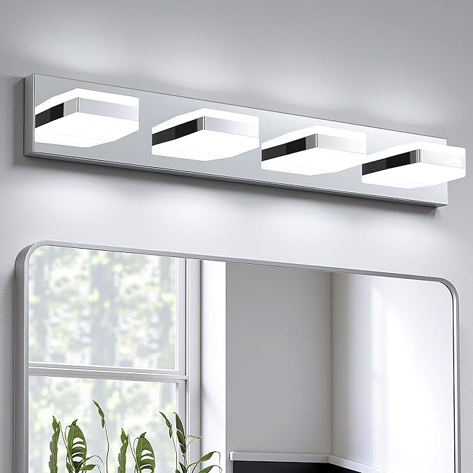Bathroom Lighting Fixtures Over Mirror, 4 Light Bathroom Vanity Light Fixtures with Cool White 5000K, Silver LED Modern Vanity Wall Lights for Bath, Dressing Room, Restroom, 29.5 inch