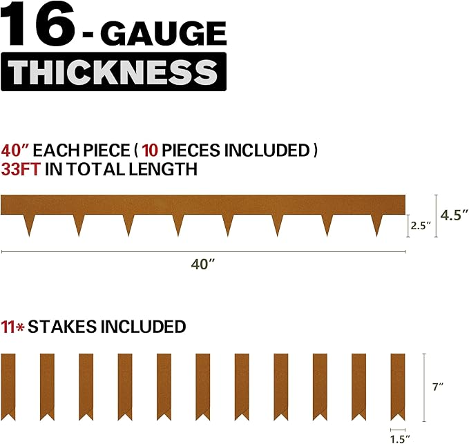 KOL Weather Resistant Steel Flexible Garden Lawn Edging, 10-Pack Pre-Rusted Metal Landscape Edging Strips - Heavy Duty Hammer-in Border with 11 Clips - 16-Gauge - 40" L x 4.5" H (33FT Total Length)
