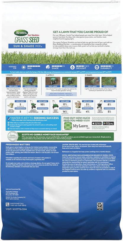Scotts Turf Builder Grass Seed Sun and Shade Mix with Fertilizer and Soil Improver, Thrives in Many Conditions, 32 lbs.