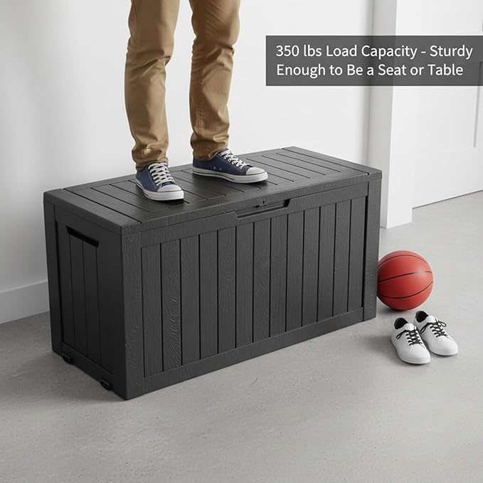 75 Gallon Resin Deck Box, Outdoor Storage Box with Lockable Lid, Waterproof Patio Furniture Cover, Garden Tool Organizer, All-Weather Bench for Deck, Pool & Yard - Black
