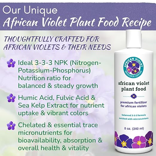 African Violet Fertilizer | Premium Liquid Plant Food for Strong Roots & Lush Blooms | Gentle, Balanced 3-3-3 Formula with Essential Micronutrients | Sea Kelp, Humic & Fulvic Acid | Made in USA | 8 oz
