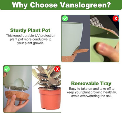 Plant Pots, Self Watering Planters for Indoor Plants with Drainage Hole, Plastic Flower Pot for Succulents, African Violet (Green, 12/10/9)