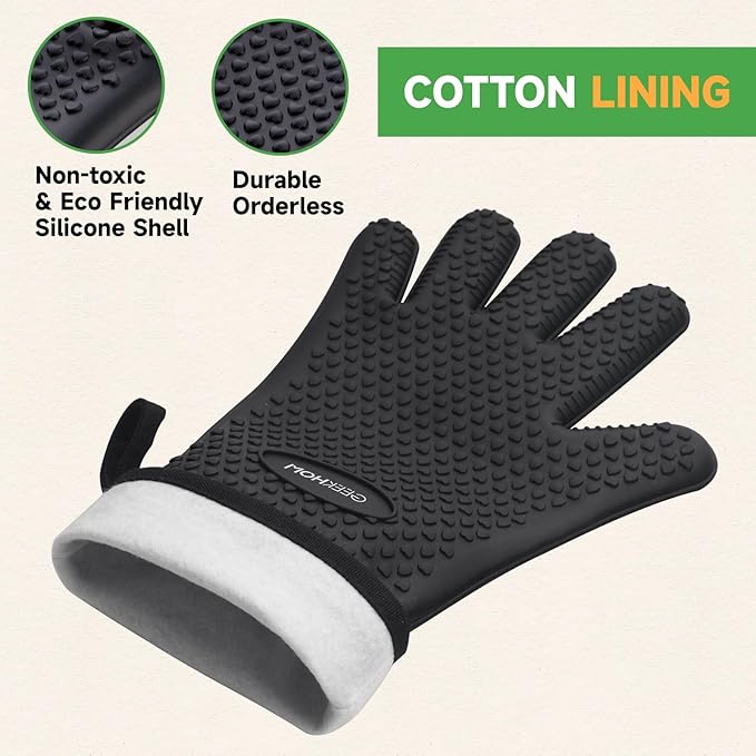 GEEKHOM BBQ Gloves, Grilling Gloves Heat Resistant Oven Gloves, Kitchen Silicone Oven Mitts, Long Waterproof Non-Slip Pot Holder for Barbecue, Cooking, Baking, Black