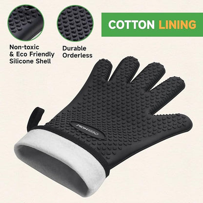 GEEKHOM BBQ Gloves, Grilling Gloves Heat Resistant Oven Gloves, Kitchen Silicone Oven Mitts, Long Waterproof Non-Slip Pot Holder for Barbecue, Cooking, Baking, Black
